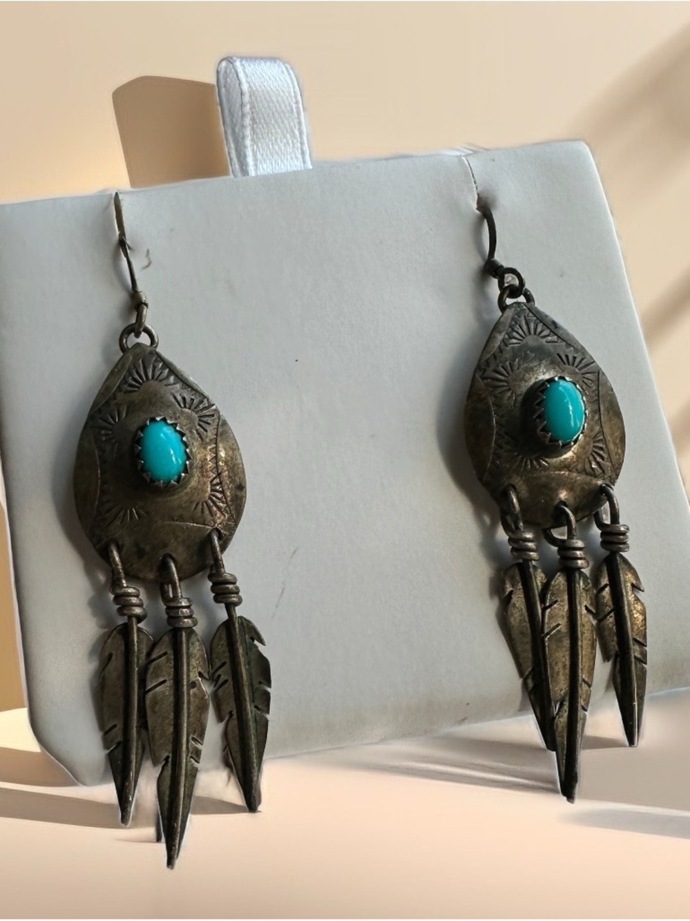 Metal and Turquoise Stone Feather Dangle Earrings - Women Jewelry